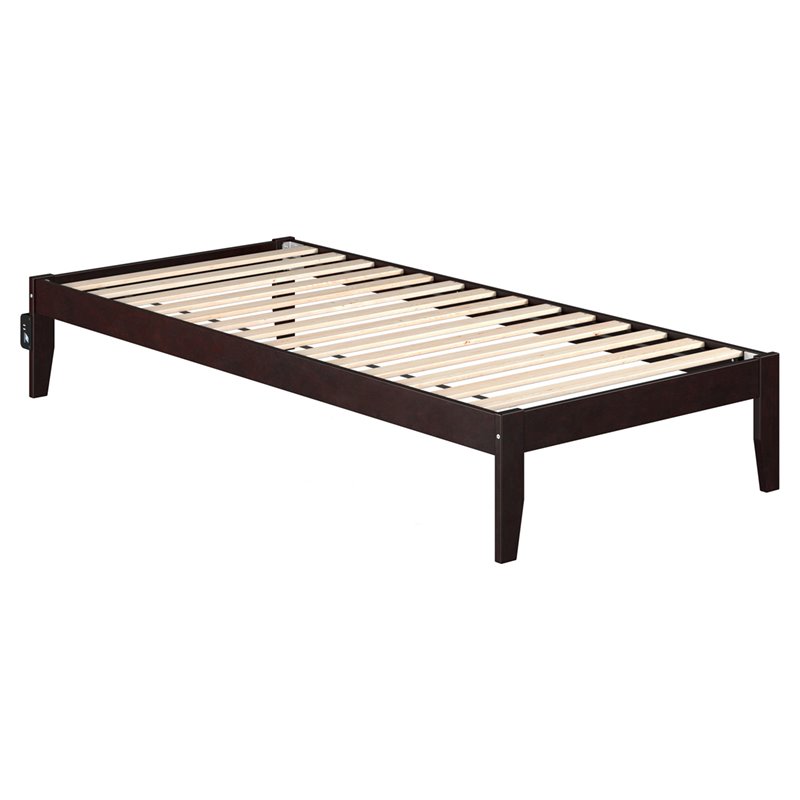 Pemberly Row Modern Solid Wood Twin XL Bed with USB Charger in Espresso