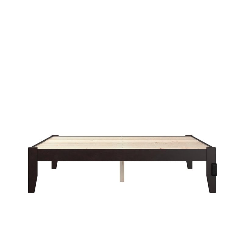 Pemberly Row Modern Solid Wood Queen Bed with USB Charging Station in Espresso