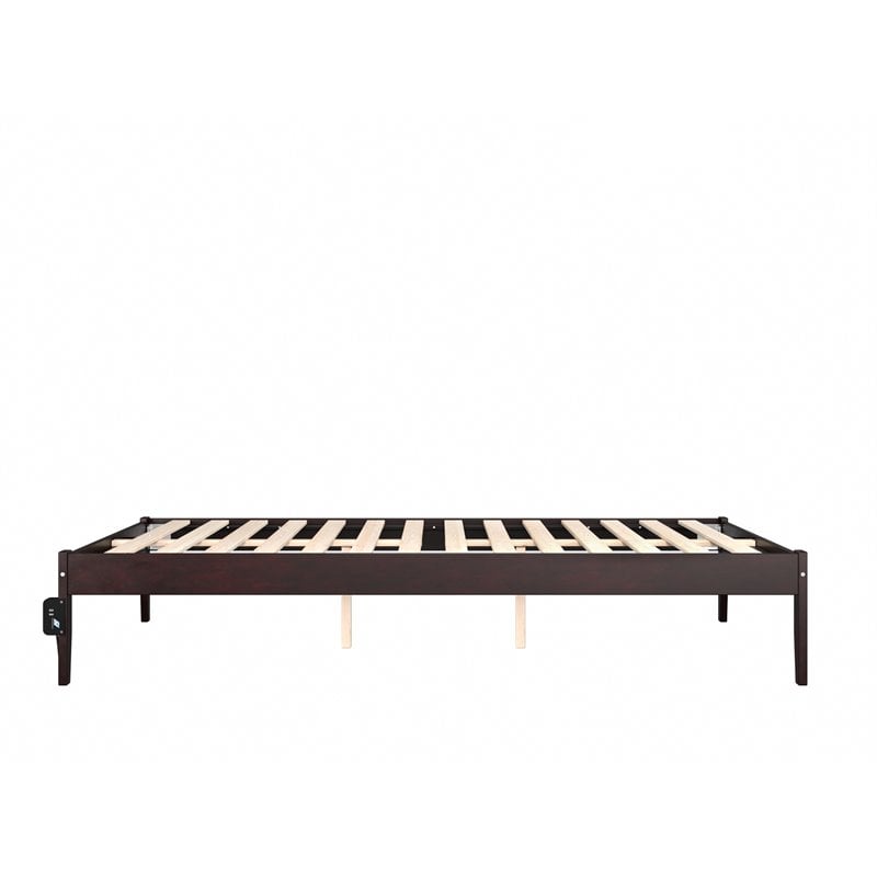 Pemberly Row Modern Solid Wood Queen Bed with USB Charging Station in Espresso