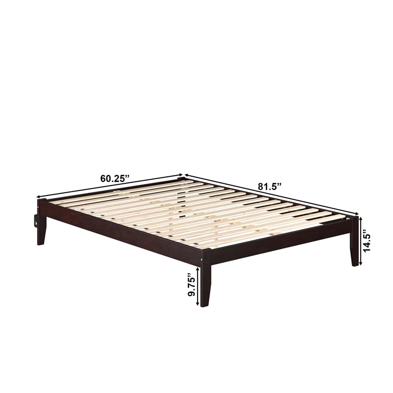 Pemberly Row Modern Solid Wood Queen Bed with USB Charging Station in Espresso