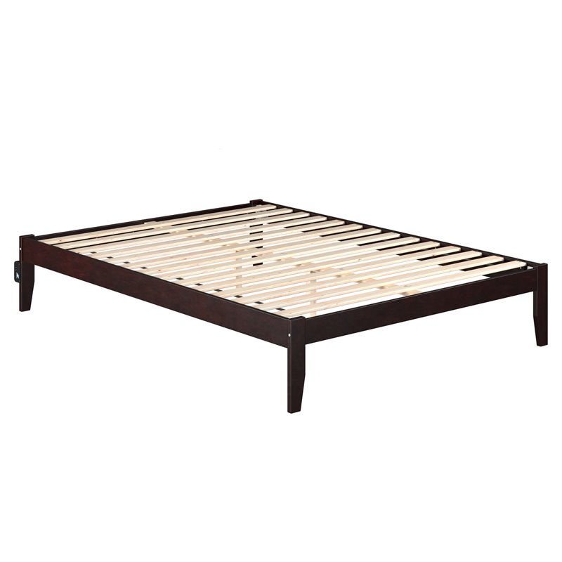Pemberly Row Modern Solid Wood Queen Bed with USB Charging Station in Espresso