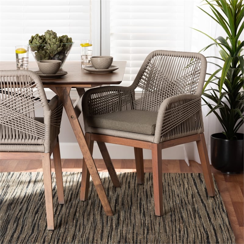 Pemberly Row Modern Gray Woven Rope Mahogany Dining Arm Chair