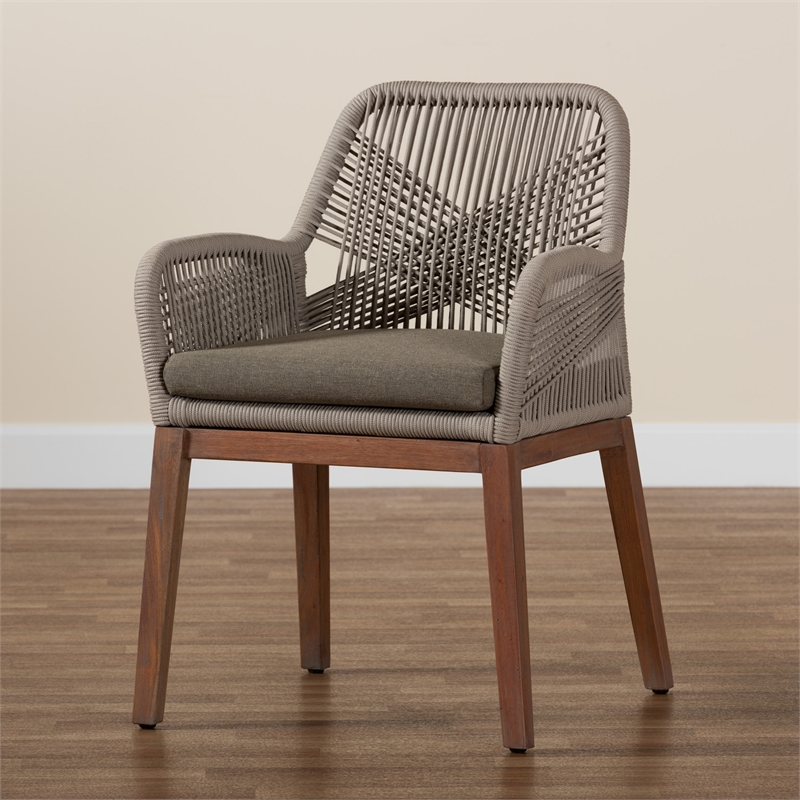 Pemberly Row Modern Gray Woven Rope Mahogany Dining Arm Chair