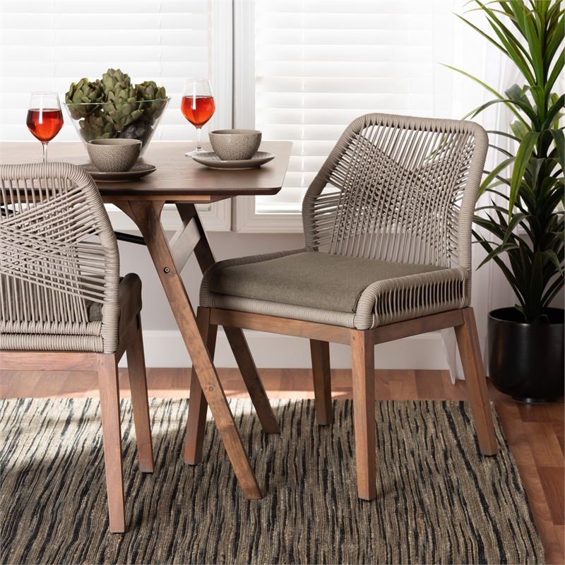 Pemberly Row Modern Gray Woven Rope Mahogany Dining Side Chair