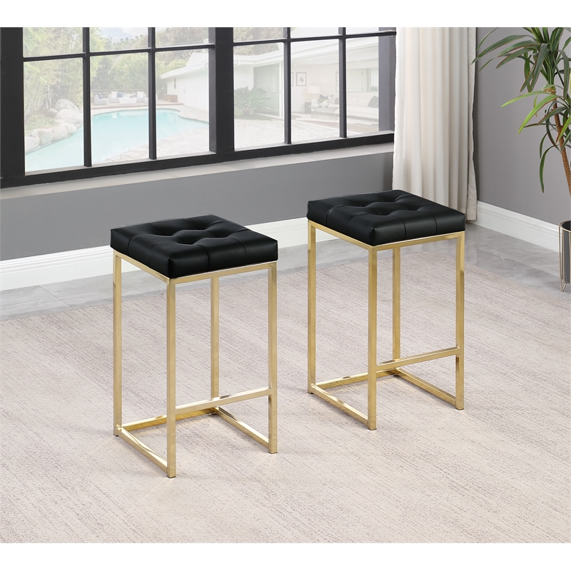 Pemberly Row Black Faux Leather Counter Height Stool in Gold (Set of 2)
