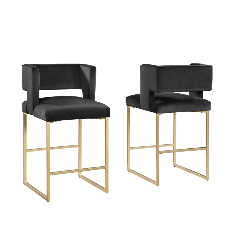 Pemberly Row Modern Black Velvet Bar Stools in Gold (Set of 2)