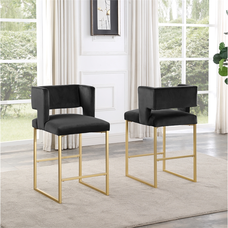 Pemberly Row Modern Black Velvet Bar Stools in Gold (Set of 2)
