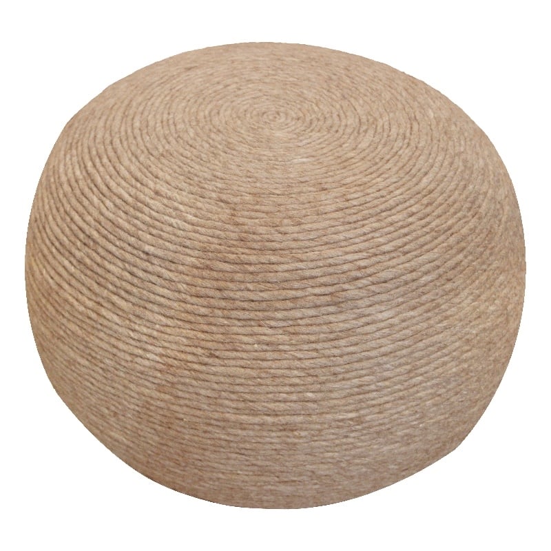 Pemberly Row Modern Round Pouf in Beige Wool with Polyester Filling