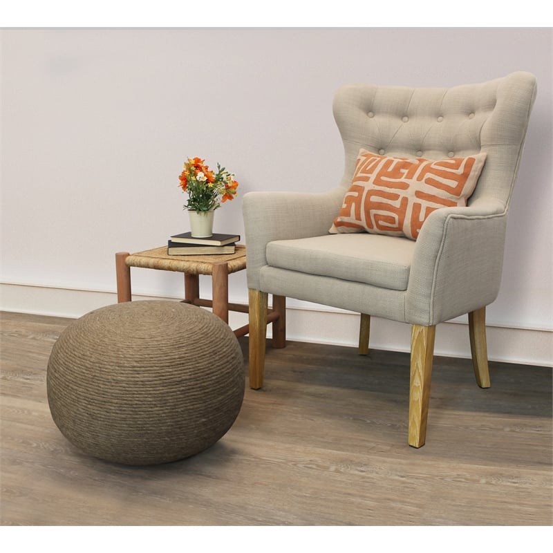 Pemberly Row Modern Round Pouf in Beige Wool with Polyester Filling