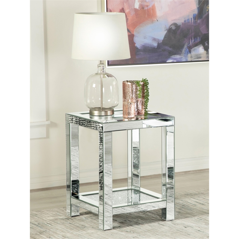 Pemberly Row Contemporary Square Glass Top Storage End Table in Mirrored
