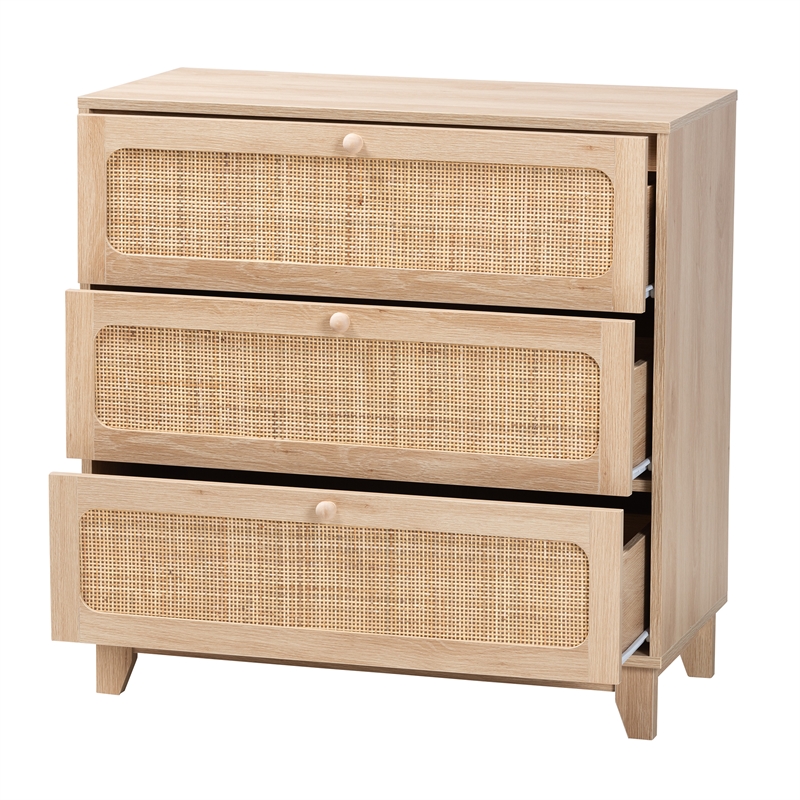 Pemberly Row Brown Wood and Natural Rattan 3-Drawer Storage Cabinet
