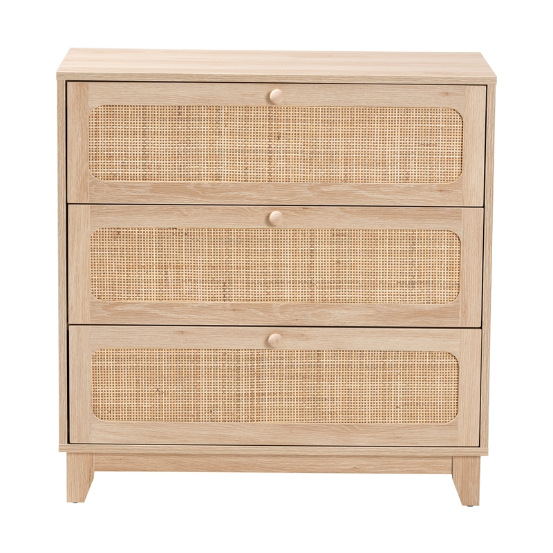 Pemberly Row Brown Wood and Natural Rattan 3-Drawer Storage Cabinet