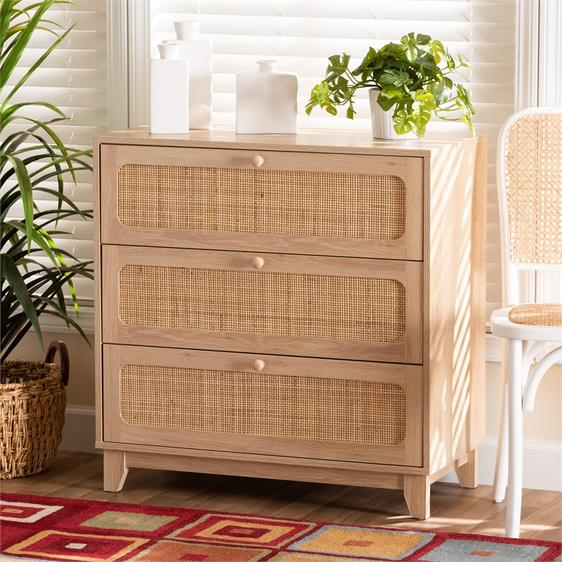 Pemberly Row Brown Wood and Natural Rattan 3-Drawer Storage Cabinet