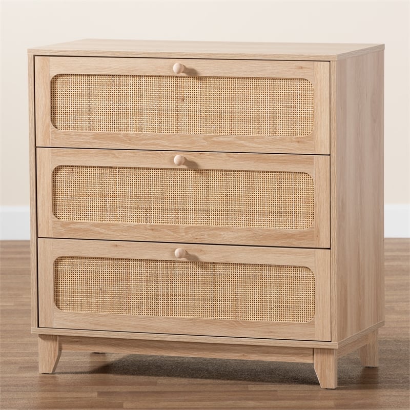 Pemberly Row Brown Wood and Natural Rattan 3-Drawer Storage Cabinet