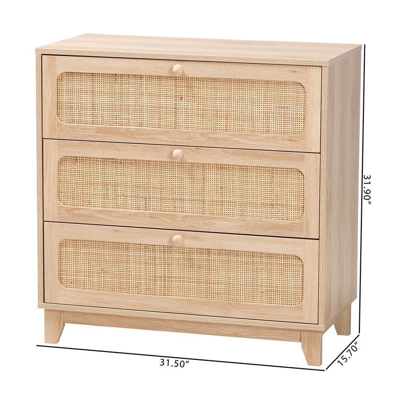 Pemberly Row Brown Wood and Natural Rattan 3-Drawer Storage Cabinet