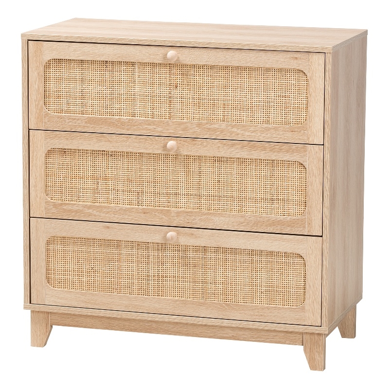 Pemberly Row Brown Wood and Natural Rattan 3-Drawer Storage Cabinet