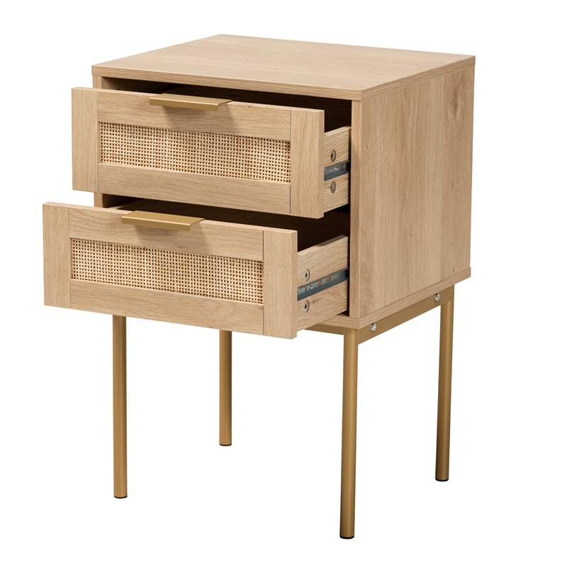 Pemberly Row Light Brown Wood and Gold Metal 2-Drawer End Table