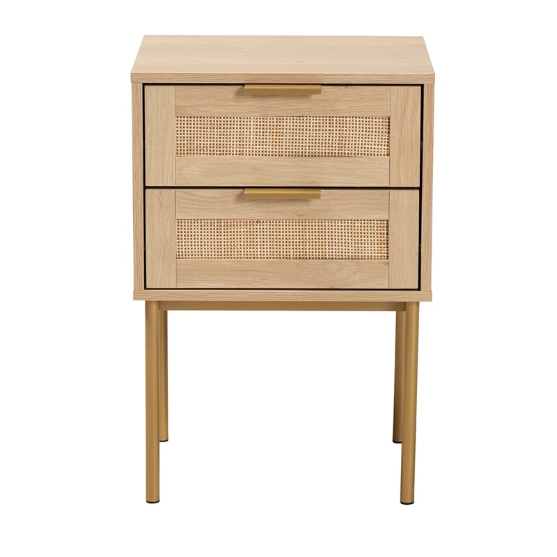 Pemberly Row Light Brown Wood and Gold Metal 2-Drawer End Table