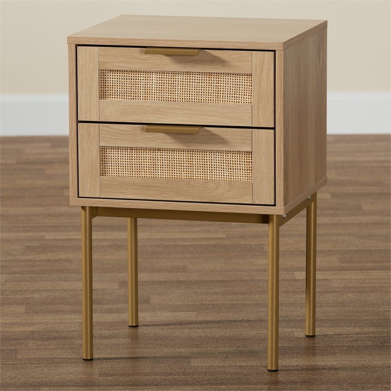 Pemberly Row Light Brown Wood and Gold Metal 2-Drawer End Table