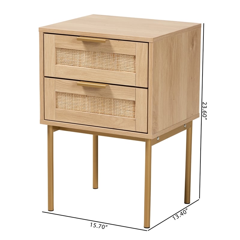 Pemberly Row Light Brown Wood and Gold Metal 2-Drawer End Table