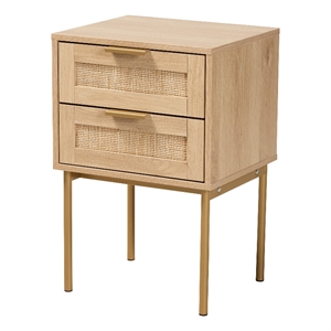 Pemberly Row Light Brown Wood and Gold Metal 2-Drawer End Table