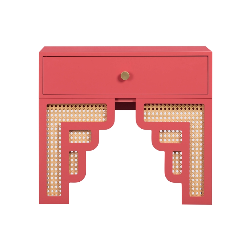 Pemberly Row Contemporary Suzie Coral Pink & Rattan Nightstand