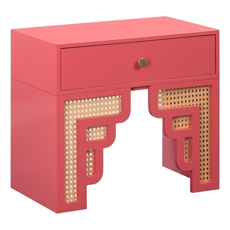 Pemberly Row Contemporary Suzie Coral Pink & Rattan Nightstand
