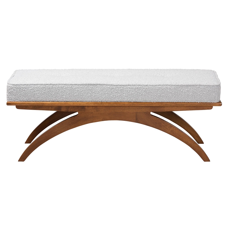 Pemberly Row Light Gray Boucle Fabric and Walnut Brown Wood Bench