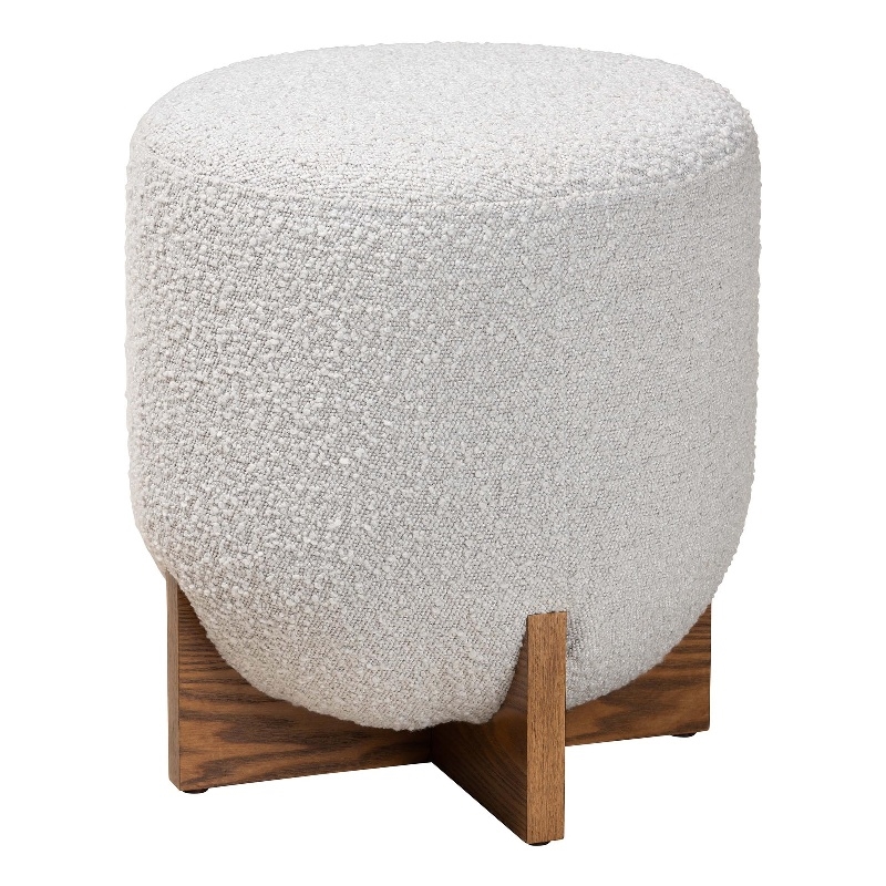 Pemberly Row Gray Boucle Fabric and Walnut Brown Wood Ottoman Footstool