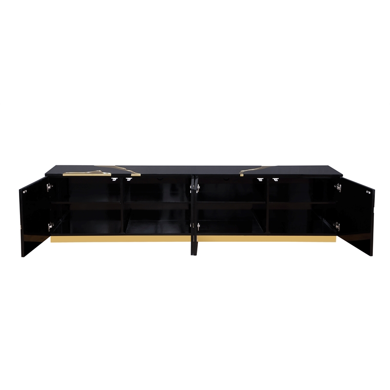 Pemberly Row Black High Gloss Wood with Gold Accent Modern TV Stand