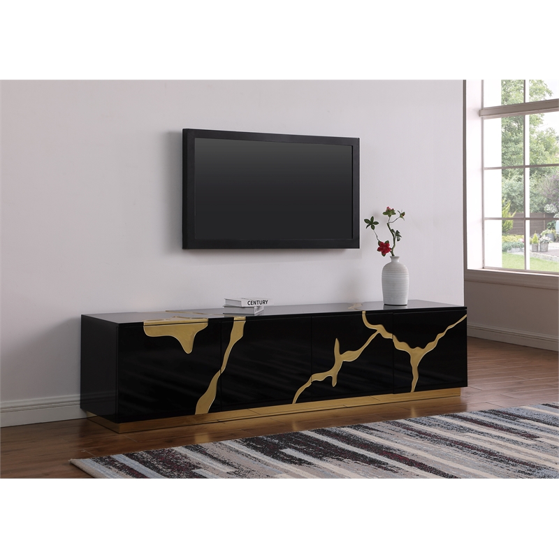 Pemberly Row Black High Gloss Wood with Gold Accent Modern TV Stand