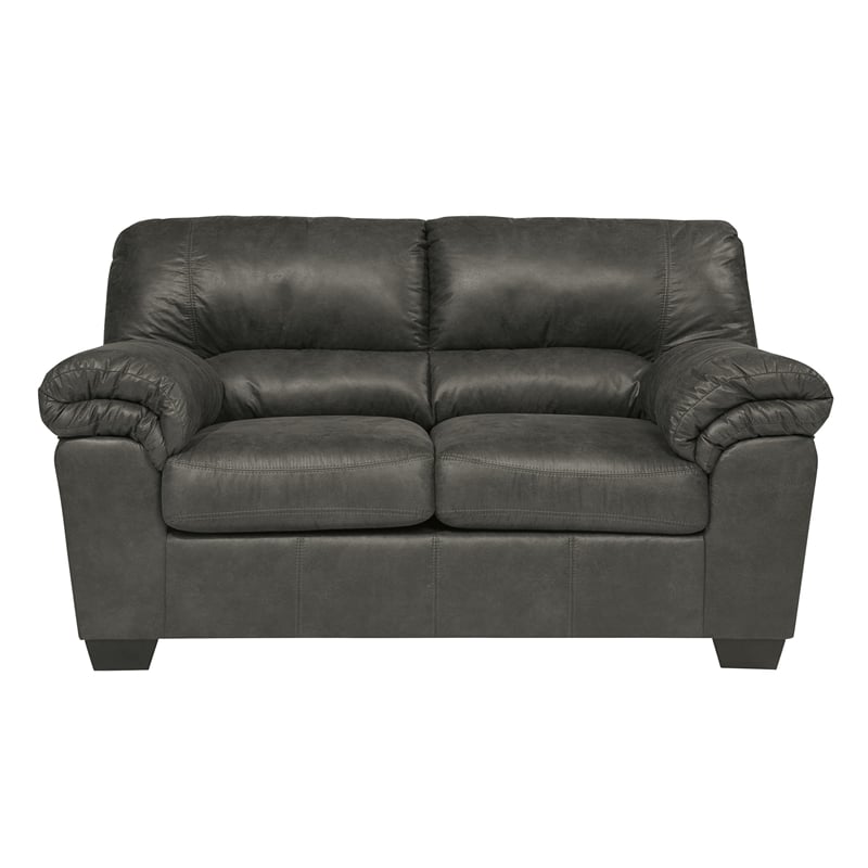 Pemberly Row Contemporary Faux Leather & Wood Loveseat in Gray