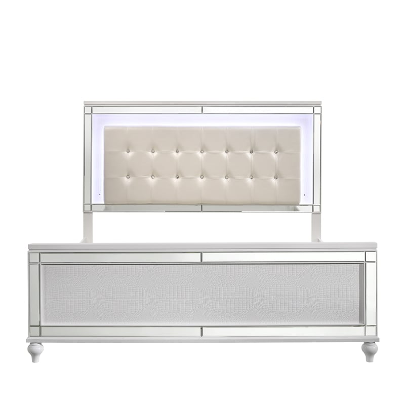 Pemberly Row Modern Solid Wood Queen Size Lighted Bed in White