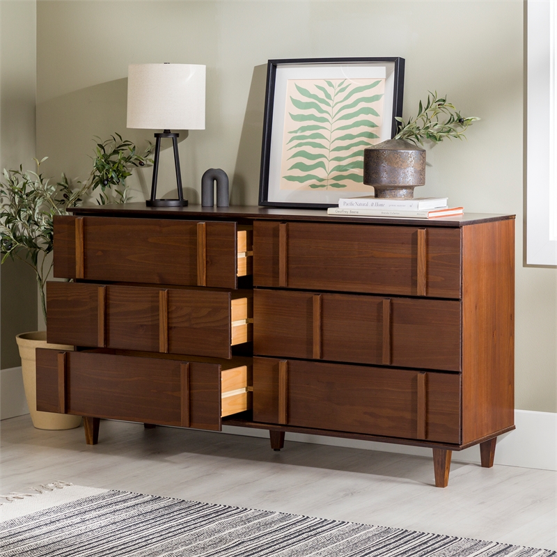 Pemberly Row Modern Detailed 6-Drawer Solid Wood Dresser 60 Inch Walnut
