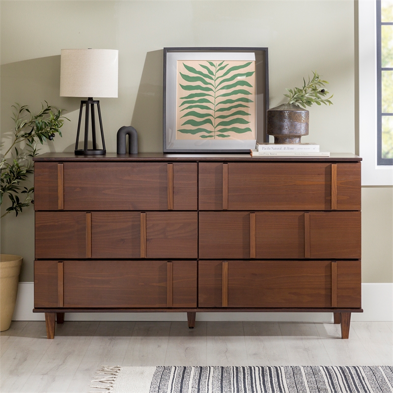 Pemberly Row Modern Detailed 6-Drawer Solid Wood Dresser 60 Inch Walnut