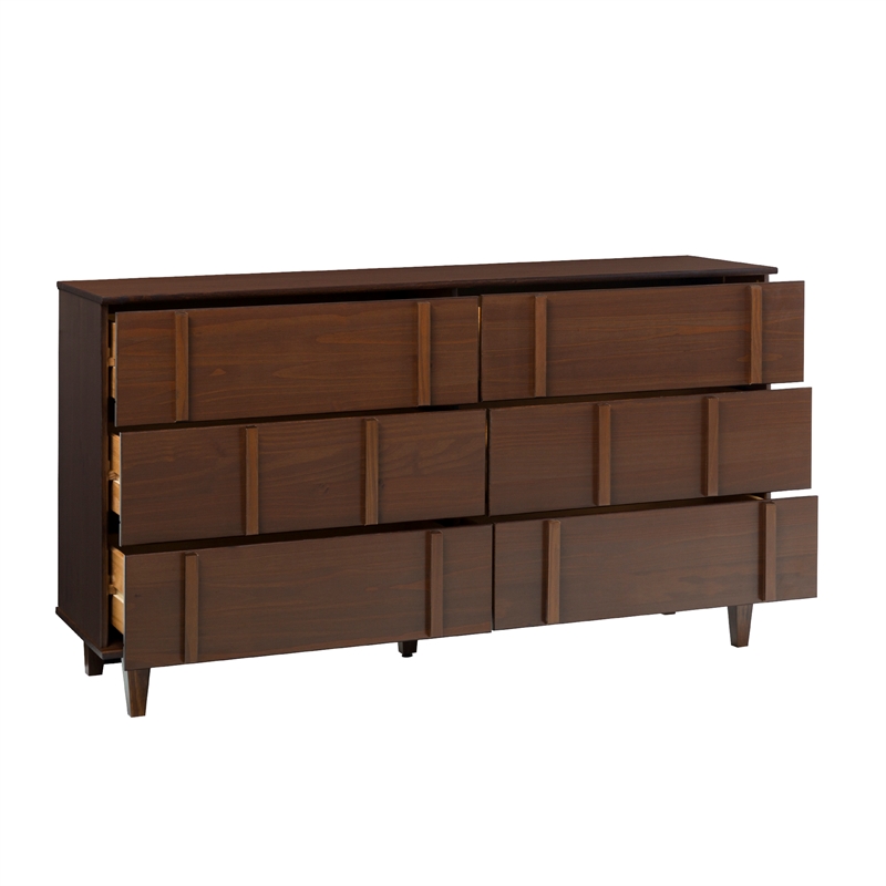 Pemberly Row Modern Detailed 6-Drawer Solid Wood Dresser 60 Inch Walnut