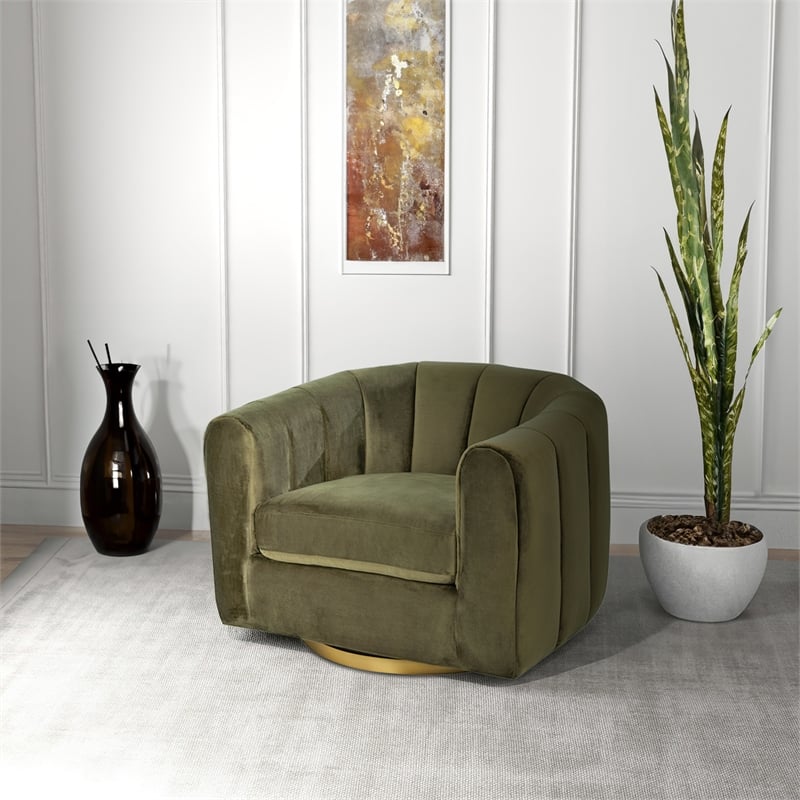 Pemberly Row Modern Living Room Round Back Velvet Swivel Chair in Green