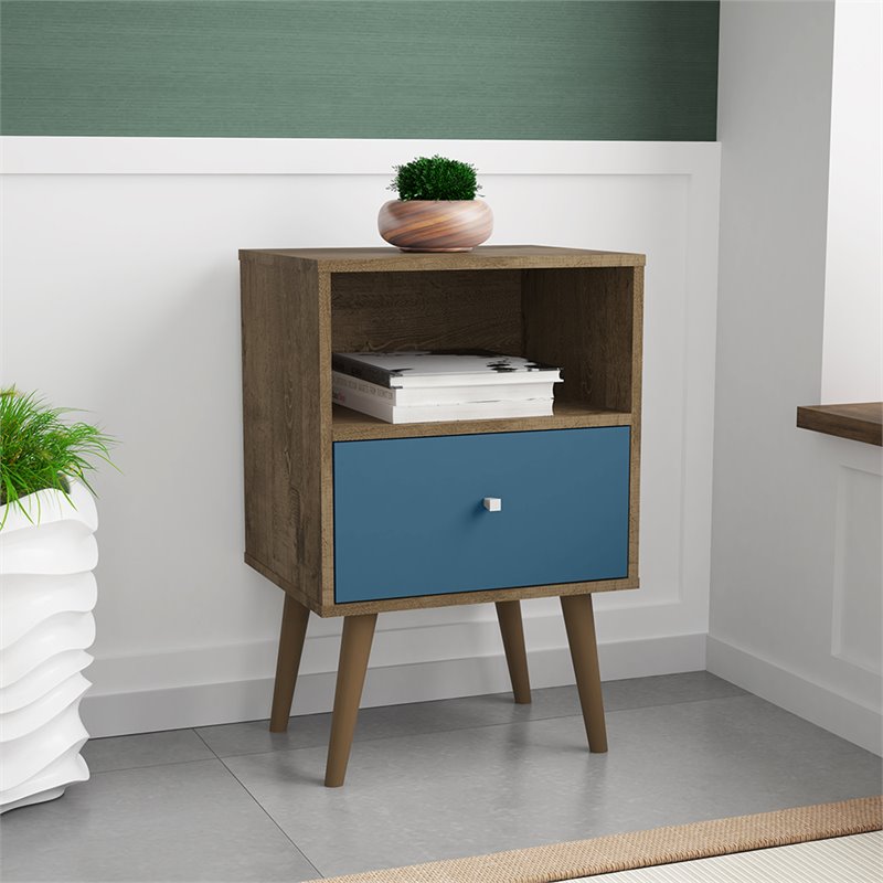 Pemberly Row 1-Drawer Wood Nightstand 1.0 in Aqua/Rustic Brown
