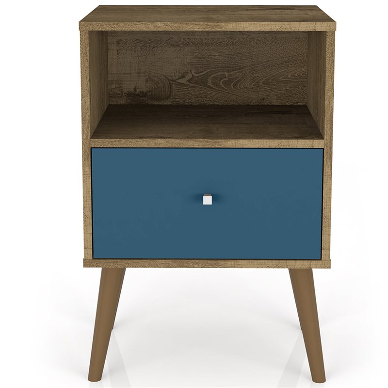 Pemberly Row 1-Drawer Wood Nightstand 1.0 in Aqua/Rustic Brown