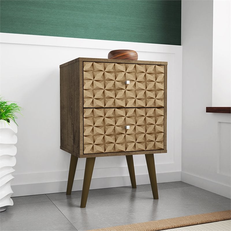 Pemberly Row 2-Drawer Wood Nightstand in Rustic Brown & 3D Prints