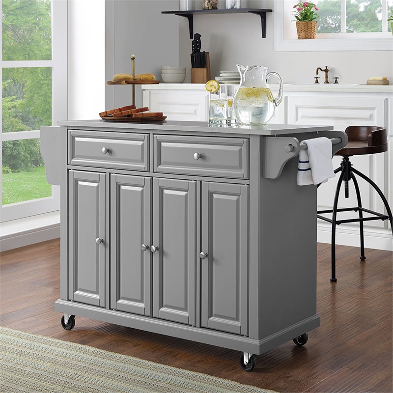 Pemberly Row Stainless Steel Metal Top Kitchen Cart in Gray/Chrome