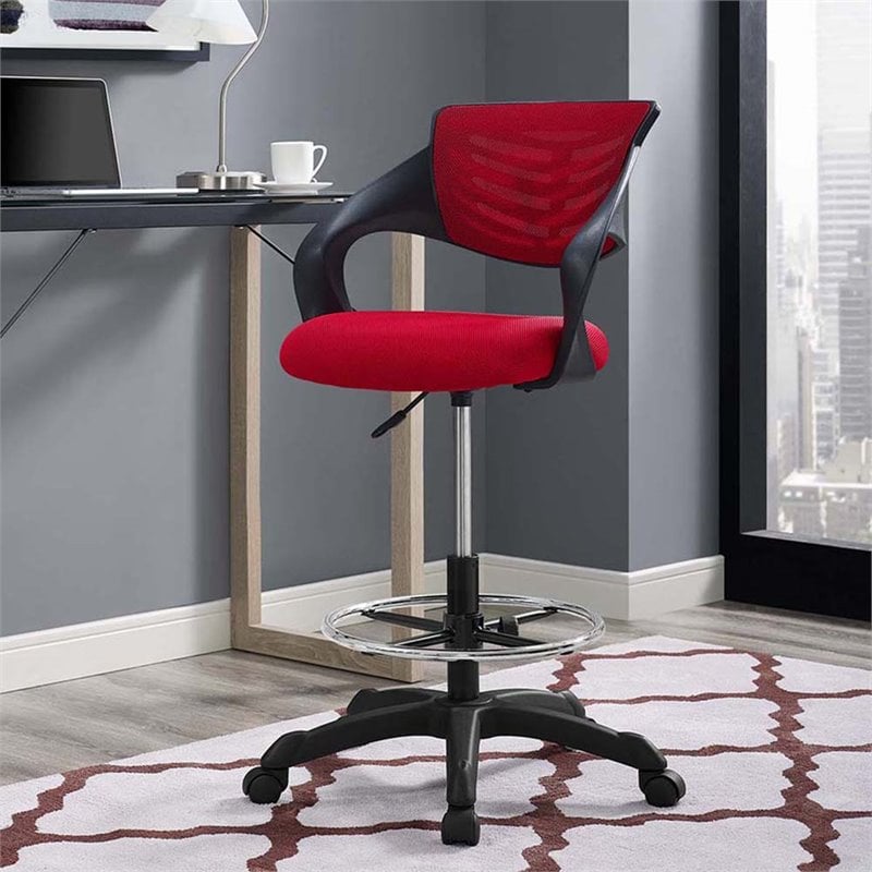 Pemberly Row Ergonomic Adjustable Swivel Mesh Fabric Drafting Chair in Red