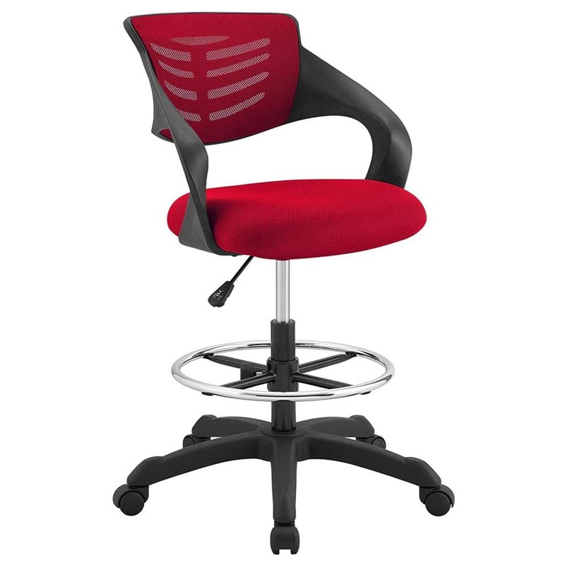 Pemberly Row Ergonomic Adjustable Swivel Mesh Fabric Drafting Chair in Red