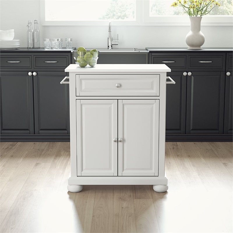 Pemberly Row Wood Granite Top Portable Kitchen Island in White