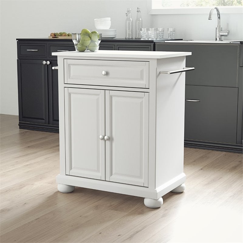 Pemberly Row Wood Granite Top Portable Kitchen Island in White