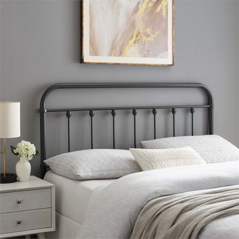 Pemberly Row Modern Farmhouse Queen Metal Spindle Headboard in Gray