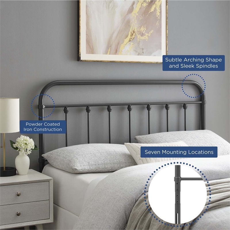 Pemberly Row Modern Farmhouse Queen Metal Spindle Headboard in Gray
