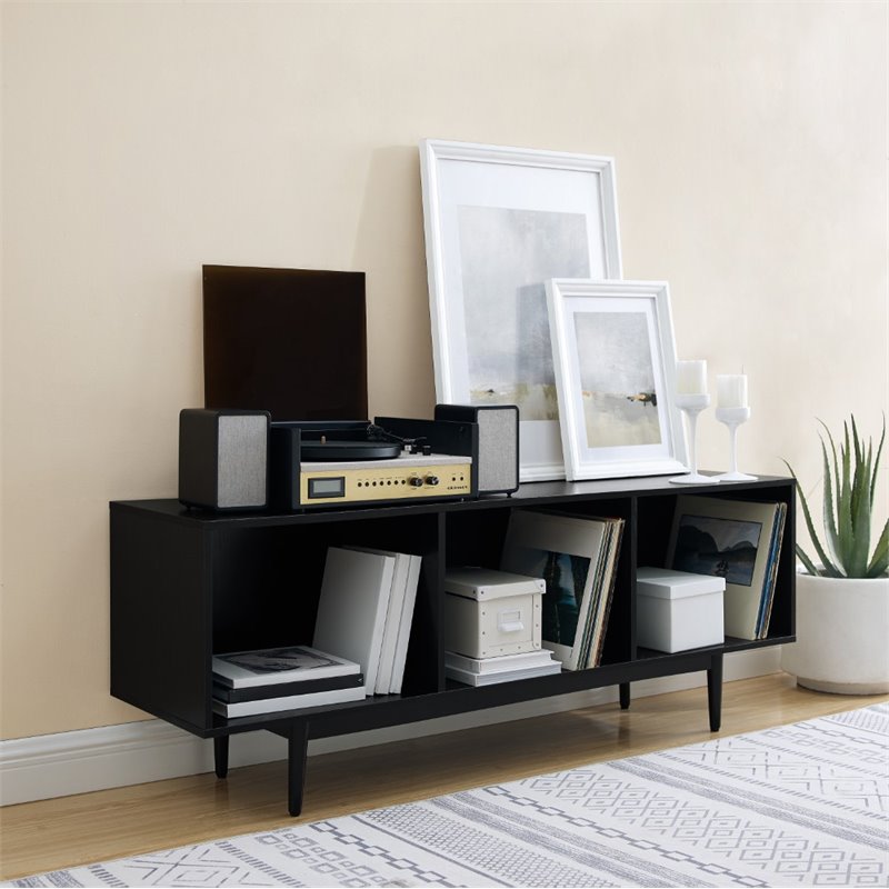 Pemberly Row Mid-Century Wood Record Storage Console Cabinet in Black