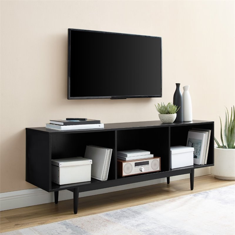 Pemberly Row Mid-Century Wood Record Storage Console Cabinet in Black