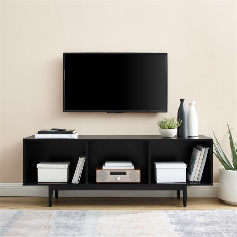 Pemberly Row Mid-Century Wood Record Storage Console Cabinet in Black